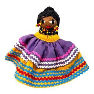 South American Seminole Handcrafted Colorful Fabric Doll Beaded Accents & Dress
